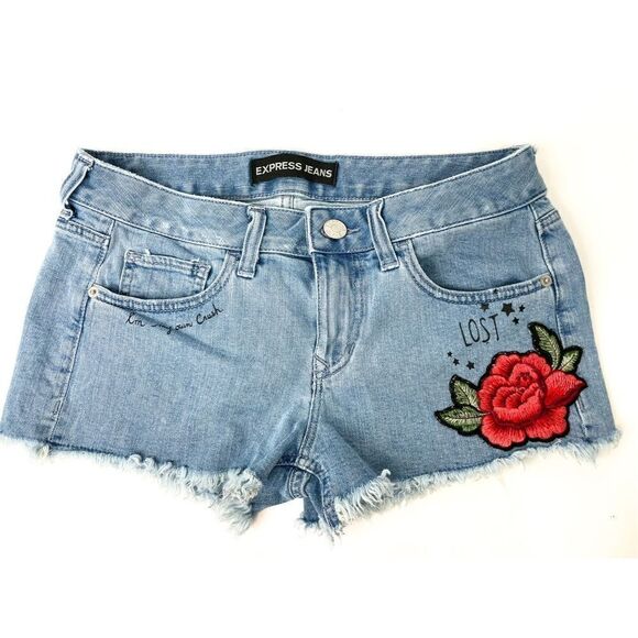 Express Jeans Womens‎ Denim Shorts Low Rise Distressed Floral Patch Embroidered - Picture 1 of 8